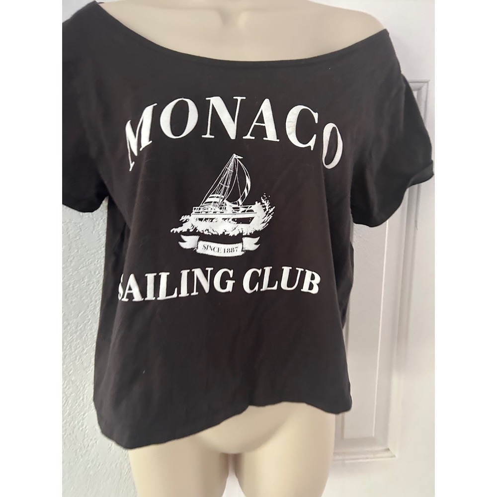 Organic Generation Monaco Sailing Club Graphic Tee Black Cotton Off Shoulder L - Picture 3 of 4